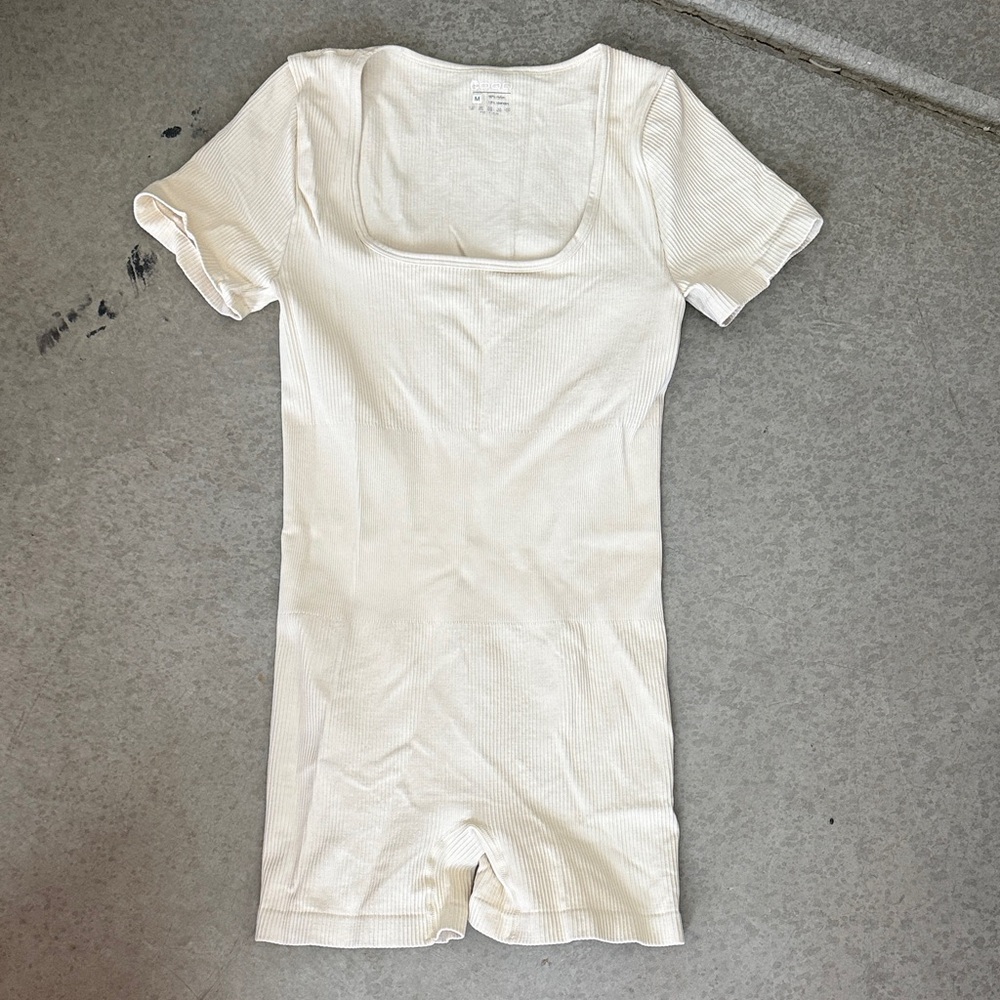 White Ribbed Short Sleeve Romper